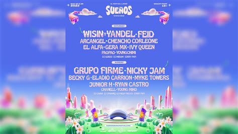 Sueño fest - Jan 31, 2023. Chicago’s Latin music festival has revealed its lineup for 2023. Sueños Festival returns for year two on May 27 & 28 at Grant Park in Chicago, IL. Headliners for the Memorial Day festival include Wisin & Yandel, Feid, Grupo Firme, and Nicky Jam. In addition, Myke Towers and El Alfa will be gracing the Sueños stage again ...